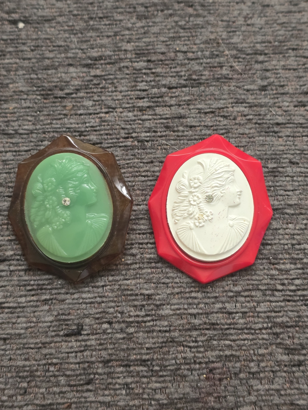 Vintage Red & Green Cameo Brooch Duo
